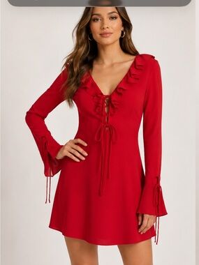 wild fable Red Ruffle V-Neck Tie-Front Mini Dress